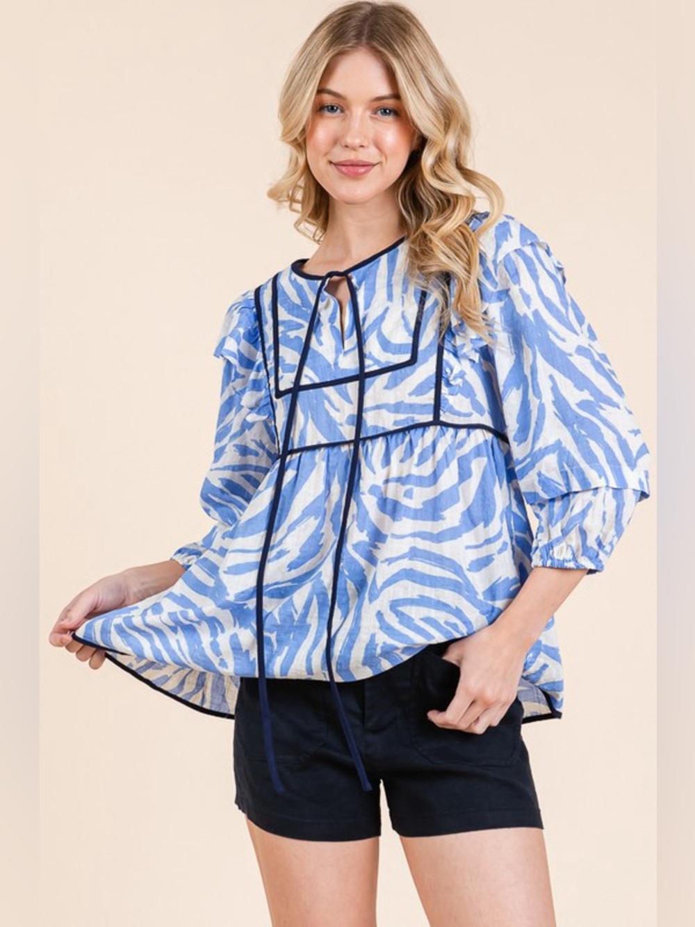Lime 'N' Chili Graphic Print Solid Trim Quarter Sleeve Blouse - Picture 10 of 14